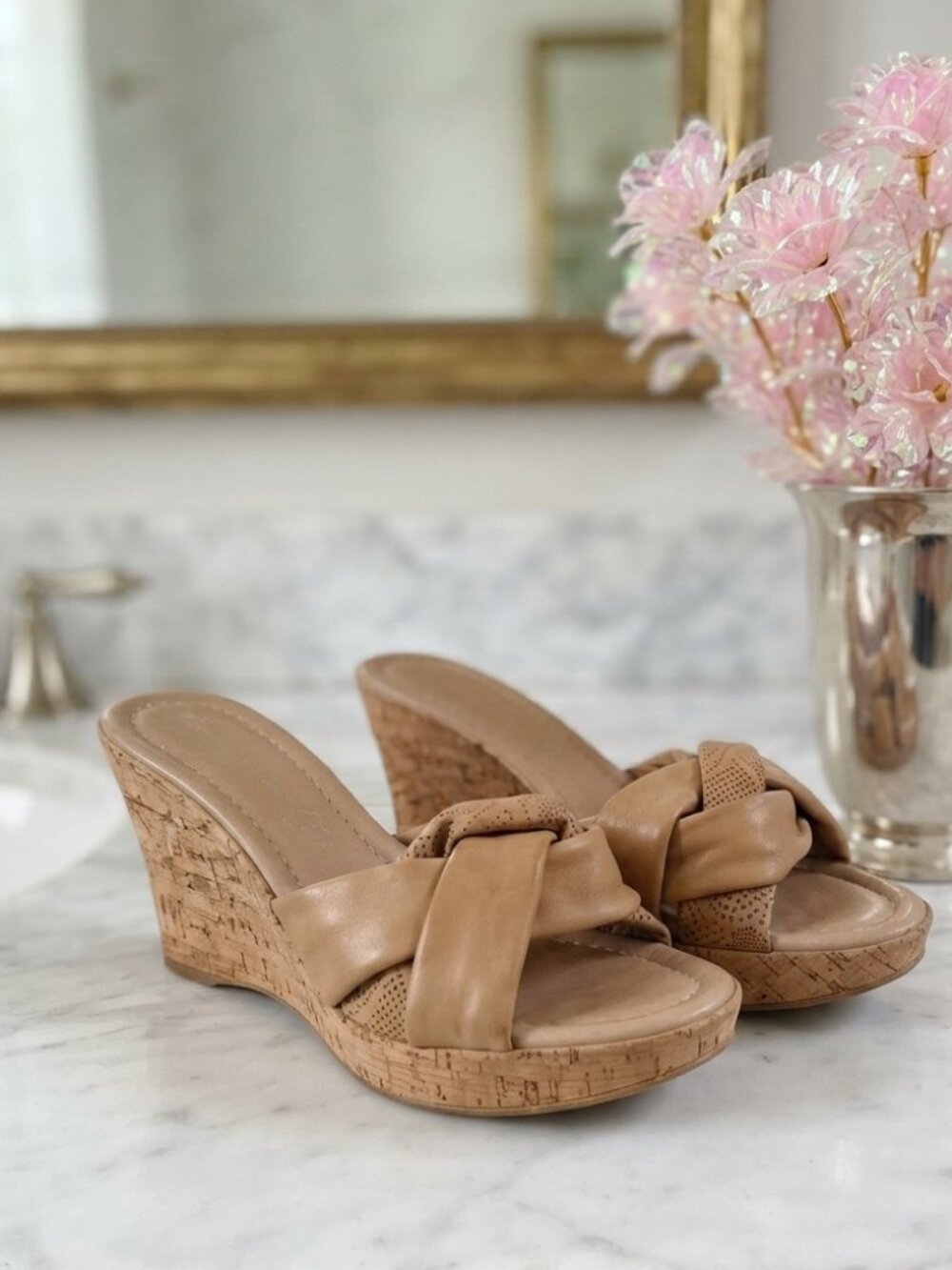 VTG Roberto Vianni Tan Leather Cork Wedge Shoes Y2K Boho  US Size US 6.5-7